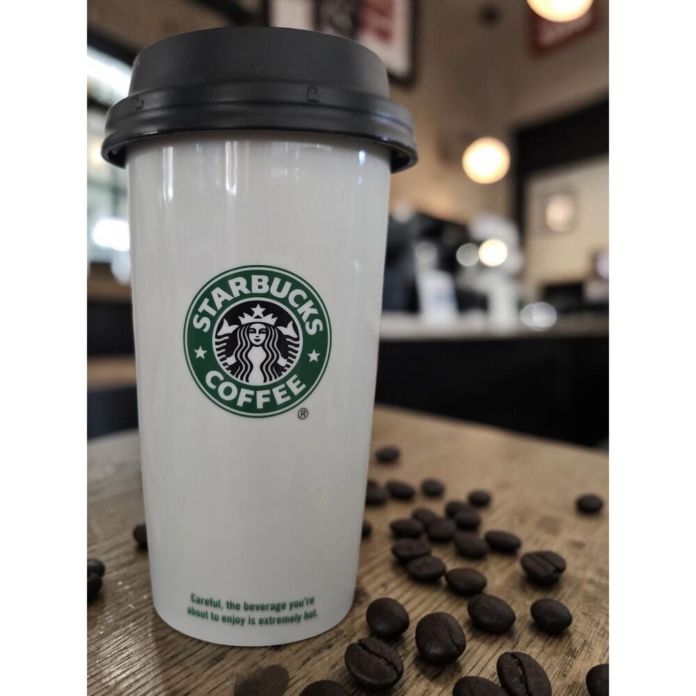 Starbucks 2009 12oz Coffee Mug Cup White Ceramic Travel Tall Tumbler Locking Lid